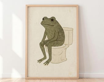 Funny Frog Bathroom Wall Art, Sitting on Toilet Poster, Minimalist Vintage Bathroom Decor 9