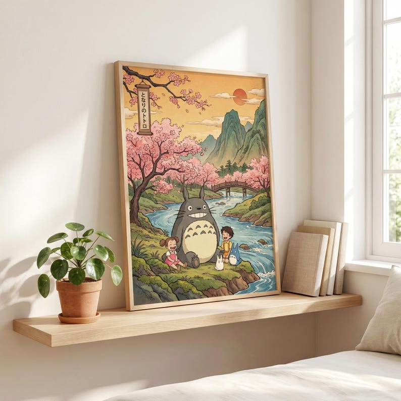 May include: Framed art print featuring a scene from the animated film "My Neighbor Totoro." The artwork depicts Totoro with two children near a river, under cherry blossom trees. The background includes mountains, a bridge, and a setting sun.