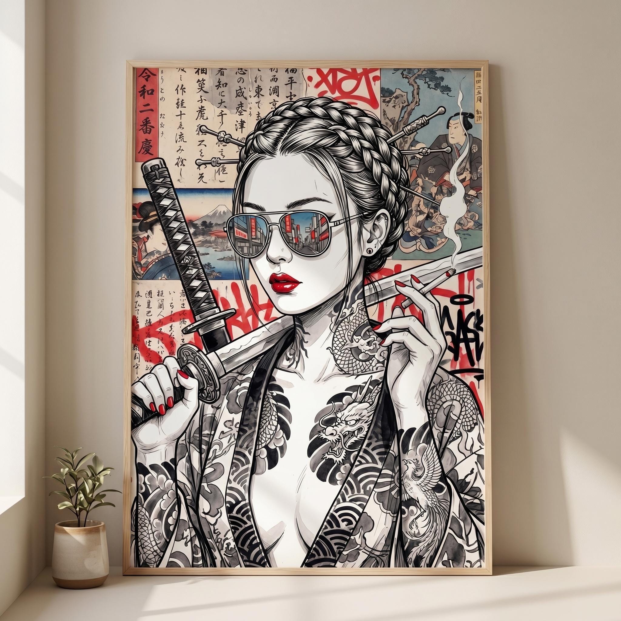 Japanese Tattoo Girl Wall Art Print, Samurai Girl Poster, Yakuza ...