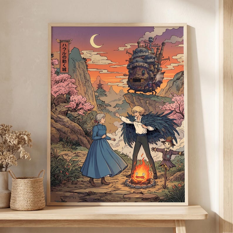 May include: A framed anime-style print featuring characters from "Howl's Moving Castle." The artwork depicts a castle, characters, a bonfire, and a crescent moon against a sunset sky. The print is set in a natural landscape with cherry blossom trees.