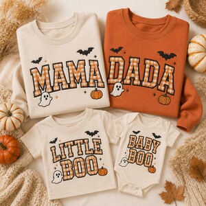 Matching Family Halloween Shirts, Mama Dada Little Boo Baby Boo, Faux Patchwork Gingham Ghost Pumpkin Sweatshirts, Spooky Family Outfit