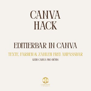 May include: A graphic design featuring the words "CANVA HACK" in brown, with "EDITIERBAR IN CANVA" and other text in gold. A gold logo is at the bottom. The background is a light beige colour.
