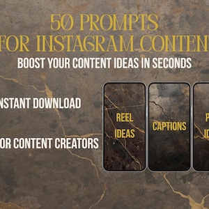 Könnte beinhalten: Bild zur Förderung von Instagram-Inhaltsideen. Der Text lautet "50 Prompts für Instagram-Inhalte" und "Steigern Sie Ihre Inhaltsideen in Sekunden". Enthält "Sofort-Download" und "Für Content-Ersteller". Drei Smartphone-Grafiken zeigen "Reel Ideas", "Captions" und "Post Ideas".