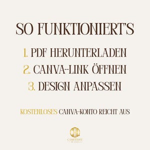 May include: A beige graphic with brown and gold text. The text reads "SO FUNKTIONIERT'S" followed by numbered steps: "1. PDF HERUNTERLADEN", "2. CANVA-LINK &Ouml;FFNEN", and "3. DESIGN ANPASSEN". Below, it says "KOSTENLOSES CANVA-KONTO REICHT AUS".
