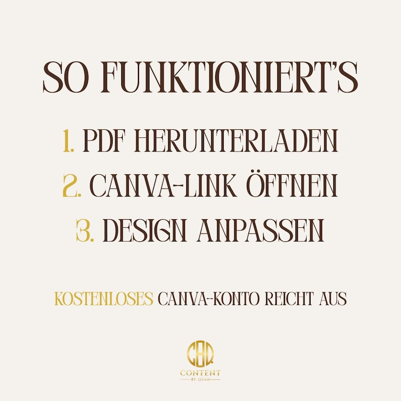 May include: A beige graphic with brown and gold text. The text reads "SO FUNKTIONIERT'S" followed by numbered steps: "1. PDF HERUNTERLADEN", "2. CANVA-LINK &Ouml;FFNEN", and "3. DESIGN ANPASSEN". Below, it says "KOSTENLOSES CANVA-KONTO REICHT AUS".