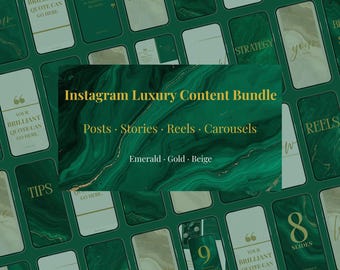 Instagram Luxury Content Bundle | Emerald Gold Beige Canva Templates | Posts Stories Reels Carousels | Editable Instagram kit