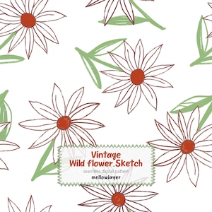 Boceto vintage de flores silvestres a lápiz de color con patrón sin costuras, papel digital floral blanco roto kitsch, arte natural dibujado a mano para ropa retro.