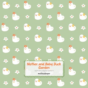 May include: A seamless digital pattern featuring white duck illustrations adorned with floral headbands and small white flowers on a light green background. The text "Mother_and_Baby_Duck Garden" is displayed in a decorative frame.