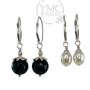 Interchangeable Silver Leverback Earrings-2 Pairs,Lever back Black Onyx and Pearls Earrings,Interchangeable Charms,Interchangeable Earrings