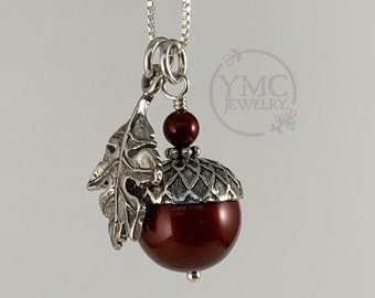 Silver Acorn Necklace Oak Leaf,Acorn Necklace,Crystal Pearl Acorn Necklace,Red Pearl Necklace,Winter Fall Jewelry,Woodland Autumn Necklace