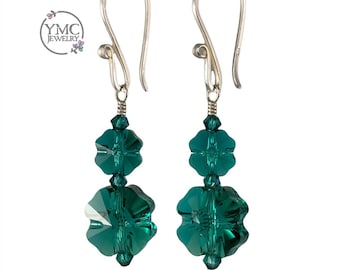 Sterling silver PRESTIGE Crystal Green Four Leaf Shamrock Clover Earrings,Shamrock Earrings,Irish Clover Earrings,St Patrick's Day Earrings