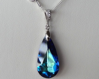 Collar con colgante de pavo real azul Bermuda con circonita cúbica en plata de ley, conjunto de regalo para damas de honor, collar con pavo real para novia, collar de novia azul