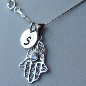 Sterling Silver Hamsa Hand of Fatima Initial Necklace,Kabbalah Necklace, Hamsa Necklace, Hand of Fatima Necklace, Protection Necklace