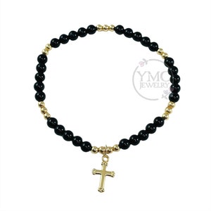 Black Onyx and Gold Cross Stack Stretch Layering Bracelet,Onyx Stackable Bracelet,Everyday to Wear Bracelet, Stacking Bracelet for Women