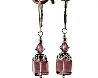 Silver Iris Crystal Cube Earrings,Purple Pink Crystal Earrings,Bridesmaid Earrings,Light Purple Iris Earrings,Silver Purple Crystal Dangle