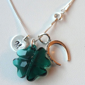 Personalized Silver Green Shamrock Crystal Four Leaf Clover Necklace,Lucky Pendant Necklace,St Patrick&#39;s Day Necklace,Bridesmaid Necklace