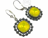 Sterling Silver Leverback Yellow Opal Crystal Earrings,Pageant Glitter Fusion Prom Earrings,Opalescent Crystal Bridesmaid Dangle Earrings