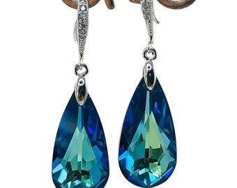 Peacock Earrings,Bermuda Blue Crystal and Sterling Silver Cubic Zirconia Earrings,Peacock Blue Wedding Earrings,Blue Teardrop Earrings