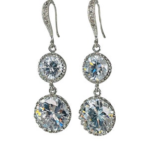 Clear Cubic Zirconia Round Sterling Silver Dangle Earrings,Wedding Diamond Earrings,Mother of Bride Groom Earrings,Bride Bridesmaid Earrings
