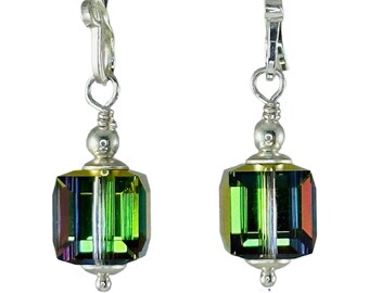 Silver Vitrail Medium Crystal Cube Earrings,Peacock Earrings,Multi Colored,Dark Rainbow Crystal,Green Gold Earrings,Rainbow Sparkle Earrings