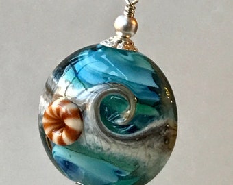 Sterling Silver Ocean Blue Wave Lampwork Necklace, Wave Ocean Lampwork Pendant,Silver Beach Necklace,Bridesmaids Gift Necklace,Beach Wedding