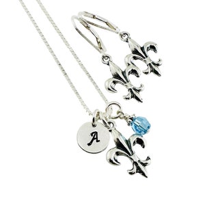 Fleur de Lis geboortesteen en initiaal bedelketting oorbellen, zilveren Fleur de Lis-ketting, Quebec sieraden, Fleur de Lis-hanger, Fleur de Lis-set