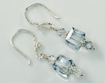 Sterling Silver Crystal Blue Shade Cube Earrings,Blue Earrings,Light Blue Crystal Earrings,Pale Blue Dangle Earrings,Cube Earrings Dangle