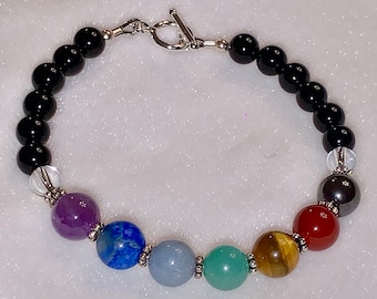 Black Onyx Chakra Bracelet,Gemstone Beaded Bracelet,Spiritual Meditation Zen Buddha Yoga Chakra Jewelry,Seven Chakra Bracelet,Reiki Bracelet