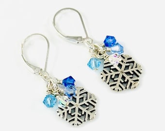 Sterling Silver Snowflake Earrings,Blue Winter Earrings,Holiday Earrings,Silver Snowflake Earrings,Holiday Jewelry,Winter Wedding Earrings