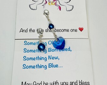 Charme de buquê de noiva e noivo, algo azul, pingente de buquê azul marinho, pingente de buquê de coração azul, algo azul para noivo, noiva, buquê de casamento