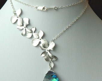 Sterling Silver Orchid Lariat Style With Crystal Aqua Sphinx Necklace,Bridesmaids Gifts-Wedding Jewelry Necklace,Orchid Peacock Necklace,