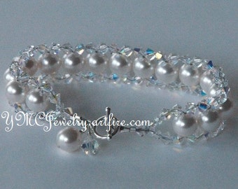 Anayanci-Bride Crystal and Pearls Bracelet,Bridal Pearl Bracelet,Bridesmaid Bracelet Gift Jewelry,Wedding Bracelets for Bride,Bride Bracelet