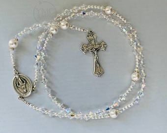 Catholic Swarovski Bride Pearl Rosary,Five Decade Pearl Rosary,Confirmation Rosary,Wedding Bride Bridal Pearl Rosary,First Communion Rosary