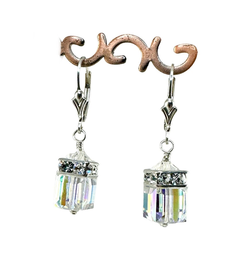 Sterling Silver Austrian Crystal Cube Earrings,Crystal AB Earrings,Crystal Clear Earrings,Crystal Dangle Earrings,Cube Dangle Earrings image 2