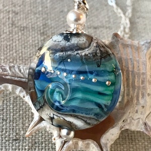 Sterling Silver Ocean Blue Wave Lampwork Necklace, Wave Ocean Lampwork Pendant,Silver Beach Necklace,Bridesmaids Gift Necklace,Beach Wedding