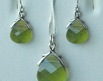 Green Olivine Set-Crystal Olivine Briolette Necklace Earrings Set,Bridesmaid Jewelry Gift Set,Khaki Dark Green Necklace Earrings Jewelry Set