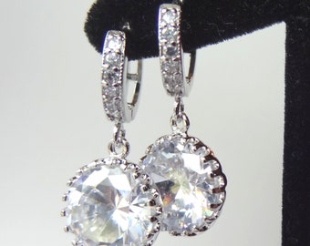 Cubic Zirconia Round Sterling Silver Hoop Earrings, Wedding Bride Earrings, Bridesmaids Earrings