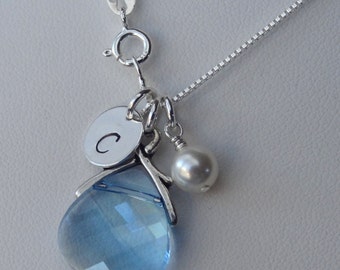 Silver Initial Aquamarine March Birthsone Briolette Necklace,Bridesmaid Personalized Custom Jewelry Set,Bridesmaid Jewelry,Pearl Necklace