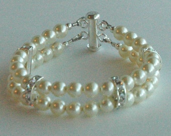 Allison - PRESTIGE Crystal Pearl Double Strand Rhinestone Bracelet,  Weddings  Bridal Bride Jewelry, Bridesmaids Bracelet --Free Shipping