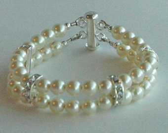 Pearl Double Strand Rhinestone Bracelet,Weddings Bridal Bride Jewelry,Bridesmaids Bracelet,Bride Pearl Bracelet,Wedding Bridal Bracelet