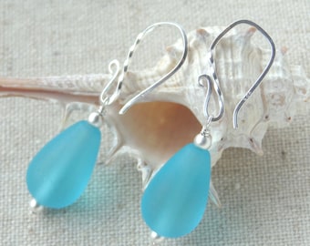 Sterling Silver Sea Glass Aqua Earrings, Light Blue Seaglas Earrings, Aqua Ocean Seaglass Earrings, Aqua Teal Teardrop Seaglass Earrings