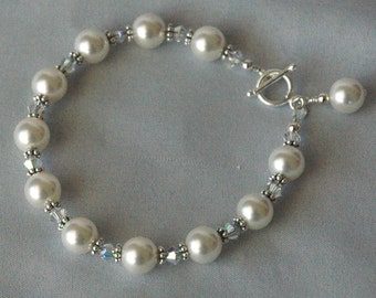 Sterling Silver Bride Crystal Pearl Bracelet,Bridesmaid Gift Set Jewelry Bracelet,Bride Pearl Bracelet,Pearl Bracelet,Bracelet for mother
