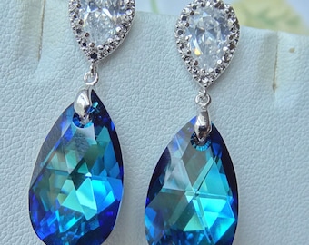 PRESTIGE Crystals Bermuda Blue Peacock con pendientes cúbicos de ziconia post plata de ley, damas de honor pendientes de novia de novia- Envío gratis