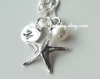 Personalized Starfish Pearl Necklace,Starfish Birthstone Initial Necklace,Bridesmaid Necklace,Nautical Necklace,Silver Sea Starfish/Pearl