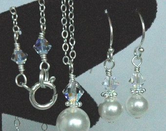 Simple Crystal Pearl Set/Earrrings Necklace,Bridesmaids Gift Set Jewelry,Bridesmaid Earrings Necklace,Bride Pearl Set,Bridal Wedding Jewelry