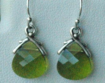 Silver Green Olivine Briolette Earrings,Bridesmaid Jewelry Gift Set,Khaki Dark Green Dangle Earrings,Olivine Earrings,Green briolette dangle