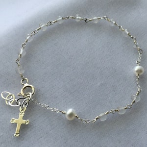 Sterling Silver Rosary Bracelet, Pearl Rosary Bracelet, Rosary Bracelet, One Decade Rosary Bracelets, Catholic Rosary, Moonstone Bracelet