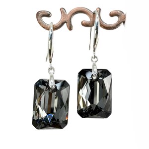 Sterling Silver Dark Gray Crystal Rectangle Earrings,Gray Earrings,Dark Gray Dangle,Dainty Emerald Dangle,Silver Night Crystal Earrings