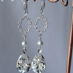 Cubic Zirconia PRESTIGE Crystal Rhinestone Pearl Earrings, Wedding Bride Bridal Earrings, Bridesmaids Earrings, CZ Pearl Earrings
