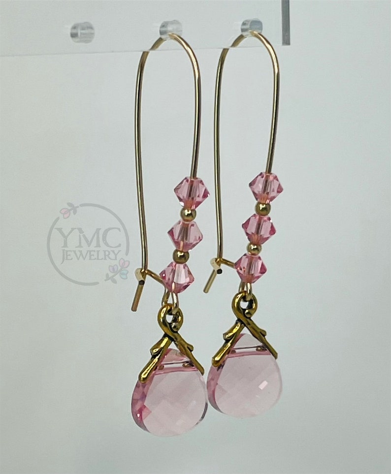 Gold Pink Briolette Earrings,Light Pink Earrings,Mother of the Bride Earrings,Mother of the Groom Earrings,Gif for mom,Pink Kidney Earrings image 3